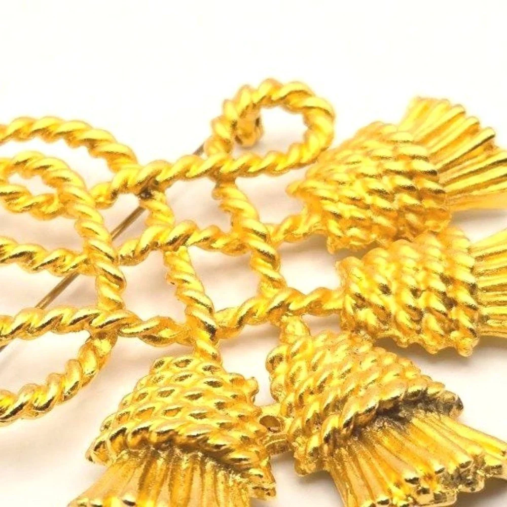 Vintage Large Gold Tone Rope Four Tassels Knot Brooch Pin‎ 3